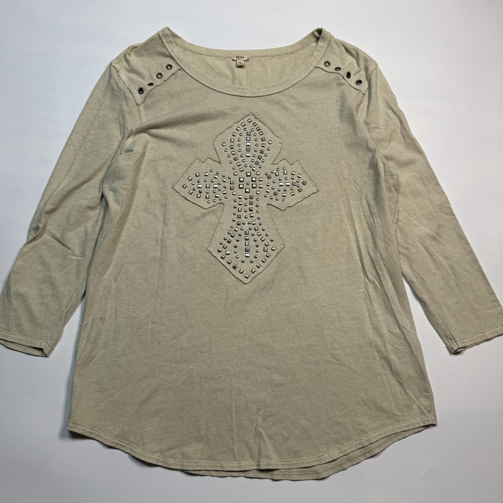 Reba Shirt Womens XL Beige Studded Cross Scoop Neck 3/4 Sleeve Western Tunic Top